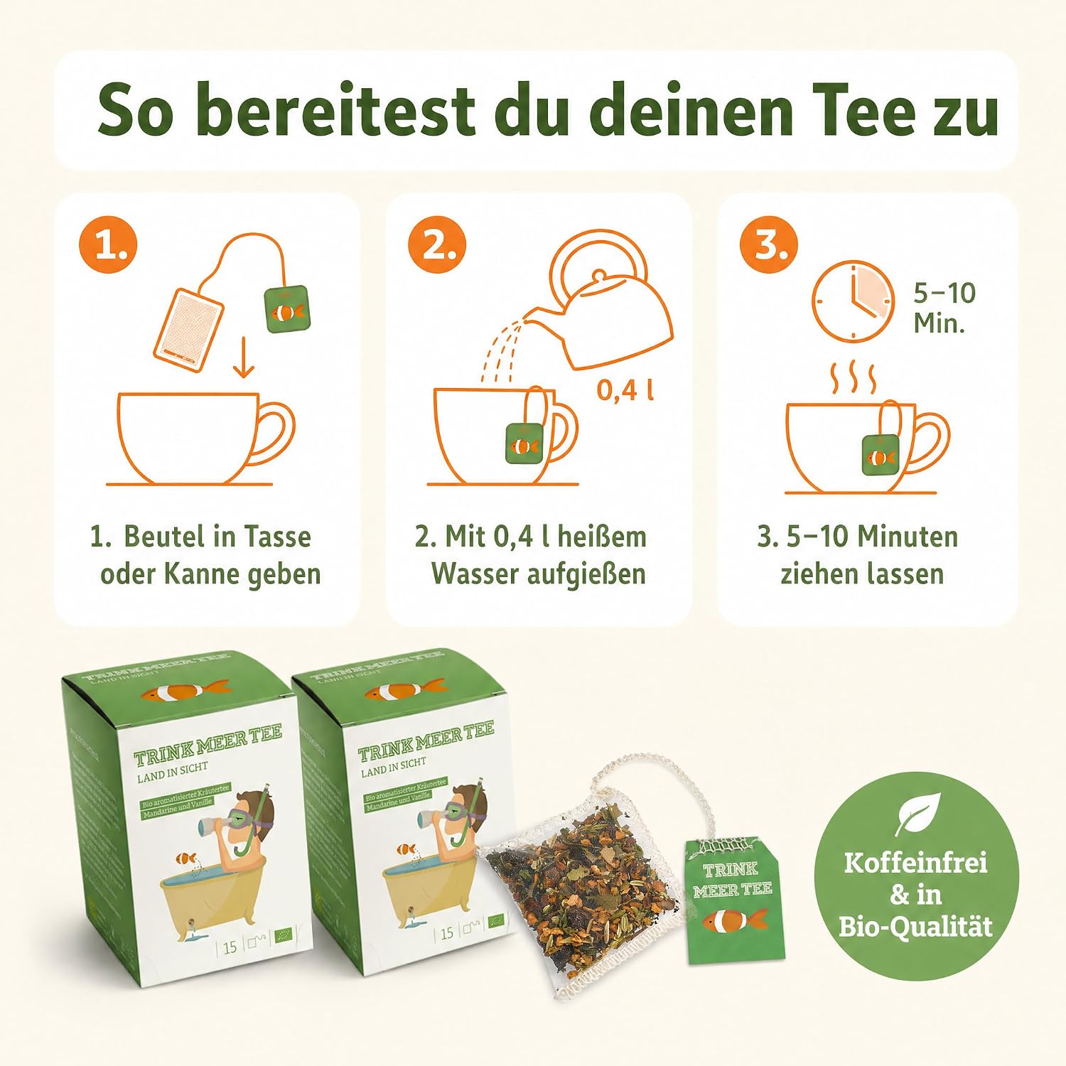6 x Trink Meer Tee LAND IN SICHT - Premium Kräutertee Mandarine Vanille, 30 Kissenbeutel, Fruchtiger Premium Früchtetee mit Sanddorn, Fenchel & Melisse – handgenähte Kissenbeutel