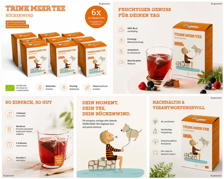 6 x Trink Meer Tee Rückenwind Premium-Früchtetee, 90 Kissenbeutel | Kräftiger Beerentee mit Sanddorn, Aroniabeeren & Hibiskusblüten – vegan, glutenfrei, koffeinfrei