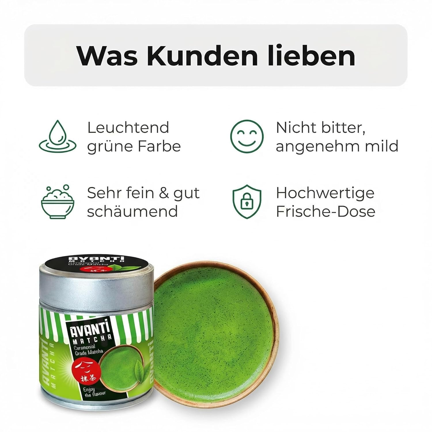 Avanti Matcha Tee Pulver (Ceremonial Grade), Erste Ernte Ichibancha, reines Premium Matcha Pulver ohne Zusätze, unabhängig laborgeprüft, 50 g in lichtschützender, wiederverschließbarer Metalldose