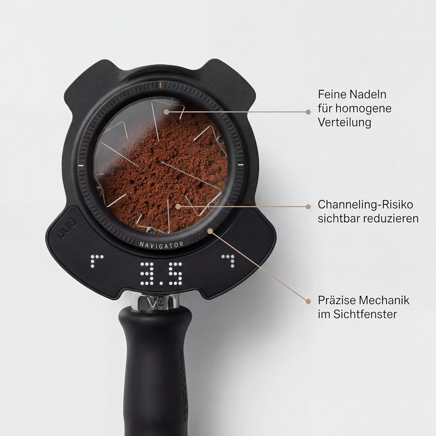 Avanti PUQ Navigator Elektronisches WDT-Tool für Espresso, 58mm Siebträger, automatisierte Weiss Distribution Technique, digitale LED-Anzeige, Schwarz