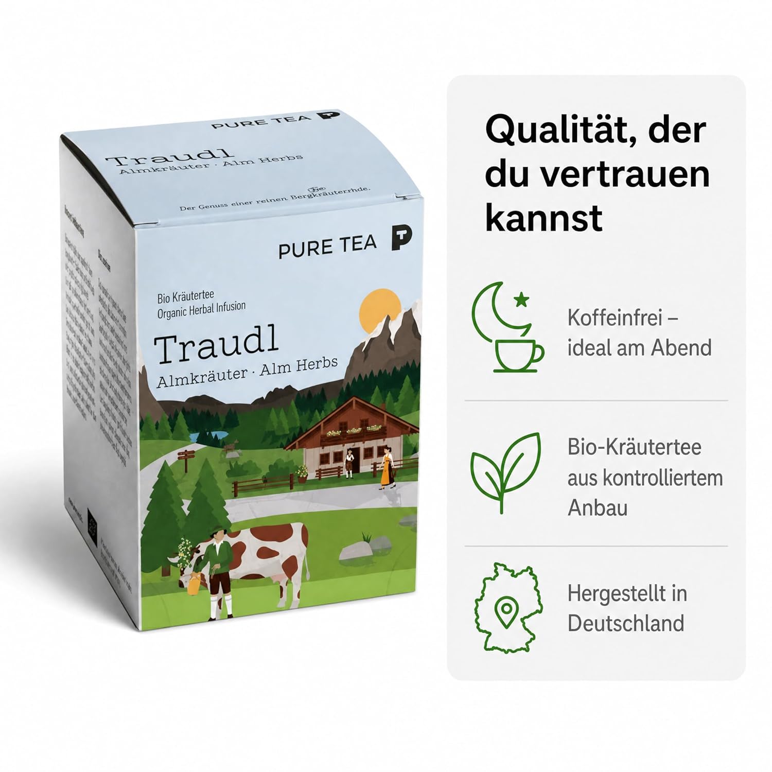 6 x PURE TEA Traudl Premium Kräutertee Almkräuter, koffeinfreier Alpenkräuter Tee als Kräutermischung mit Spitzwegerich, Apfelminze & Melisse, einzeln verpackte Kissenbeutel in Dispenserbox