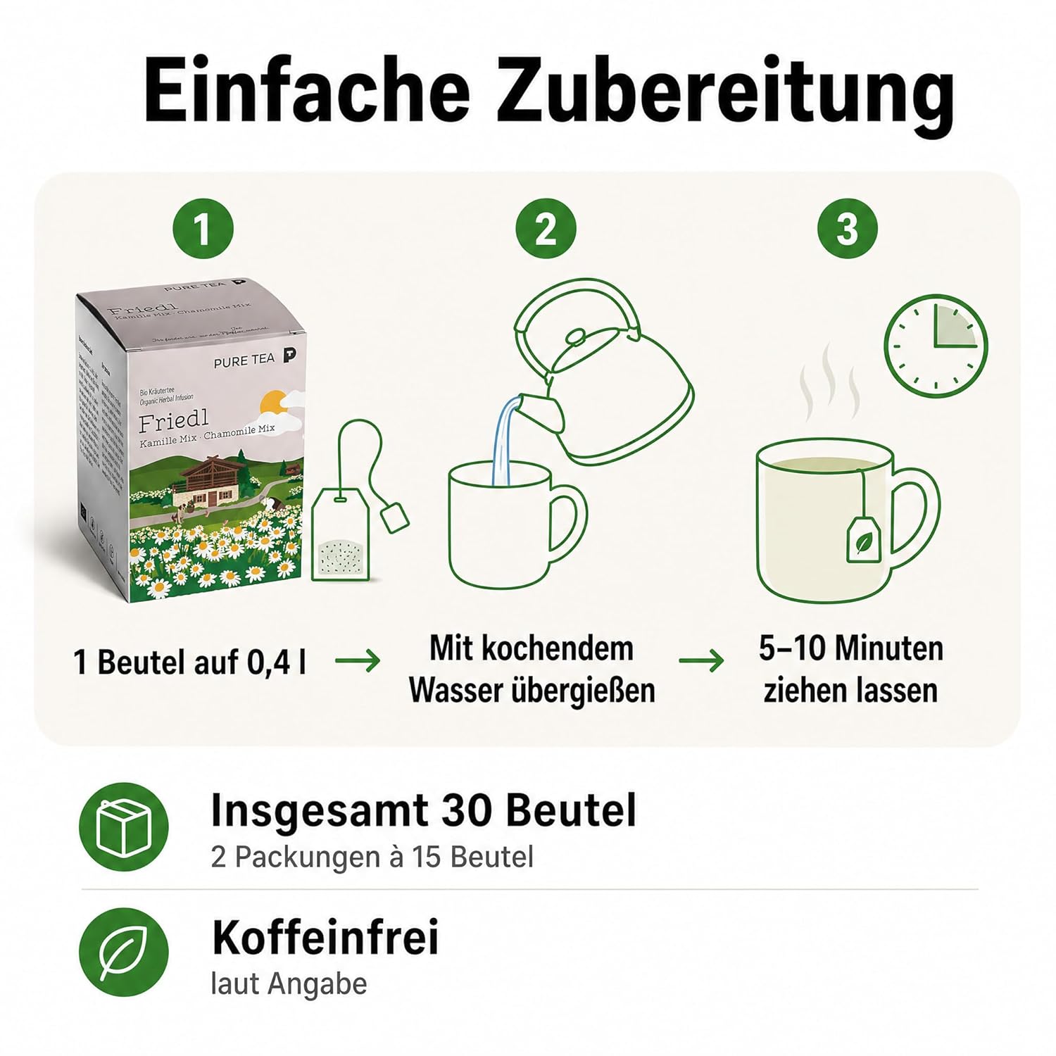 PURE TEA Kamillentee Friedl Kamille Mix, Kräutertee mit 50% Kamillenblüten, Apfelstücken & Zitronenverbene, koffeinfrei und glutenfrei, Kissenbeutel in Dispenserbox