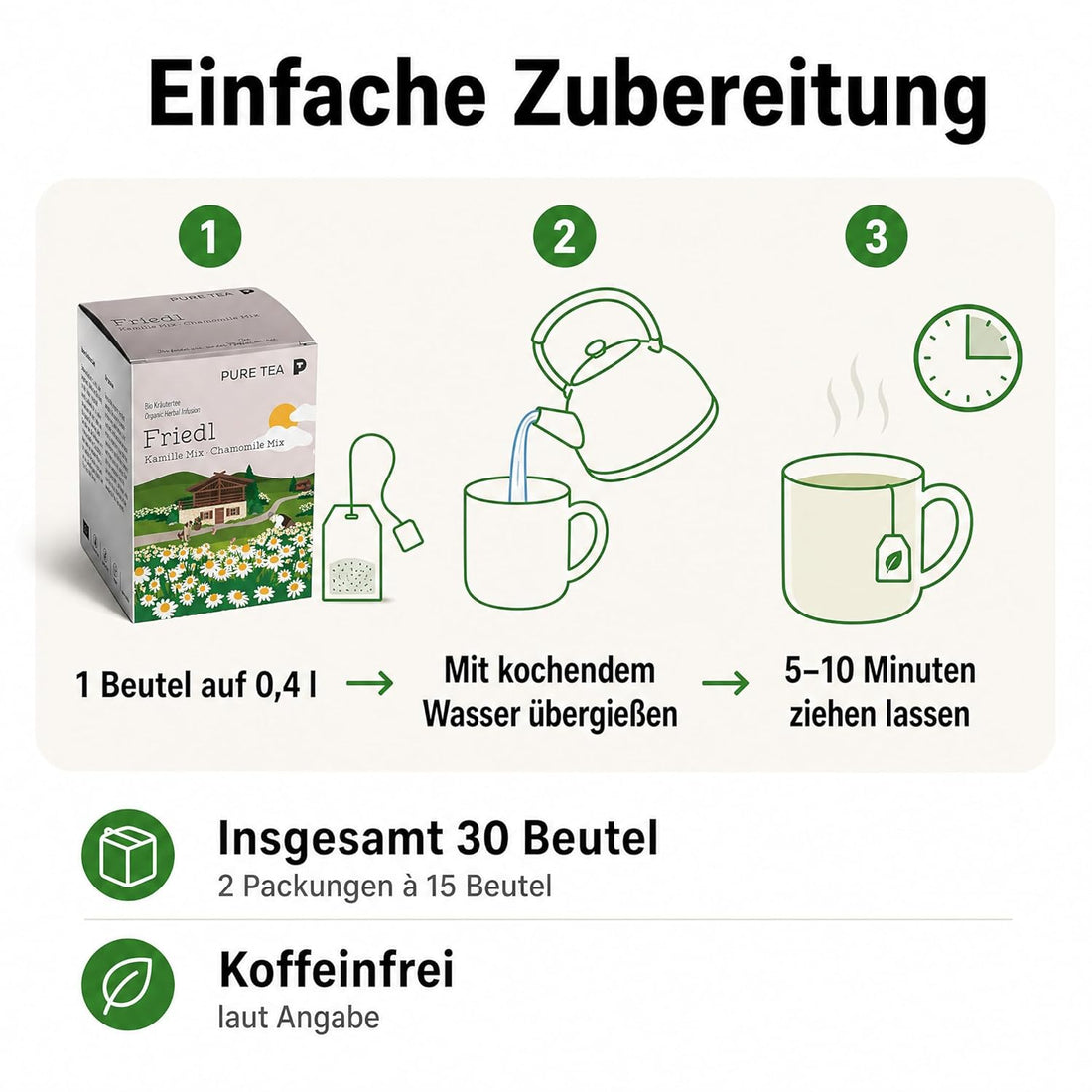 PURE TEA Kamillentee Friedl Kamille Mix, Kräutertee mit 50% Kamillenblüten, Apfelstücken & Zitronenverbene, koffeinfrei und glutenfrei, Kissenbeutel in Dispenserbox
