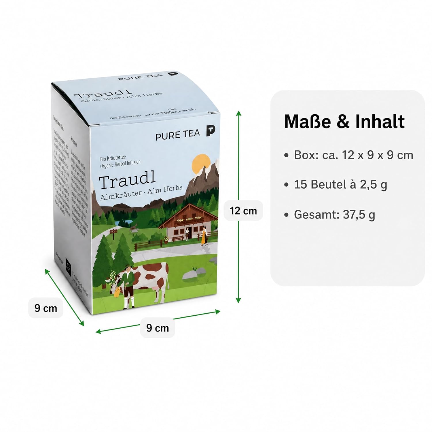 6 x PURE TEA Traudl Premium Kräutertee Almkräuter, koffeinfreier Alpenkräuter Tee als Kräutermischung mit Spitzwegerich, Apfelminze & Melisse, einzeln verpackte Kissenbeutel in Dispenserbox