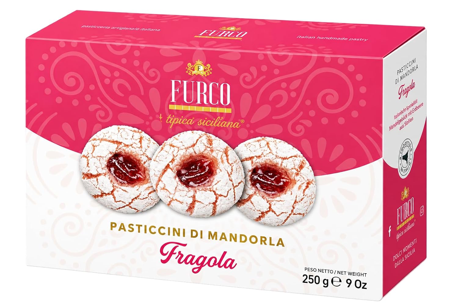 Furco Mandelgebäck Pasticcini di Mandorla FRAGOLA, Italienische Kekse mit Erdbeere, Sizilianisches Gebäck in Geschenkbox, Hergestellt in Italien, 250 g