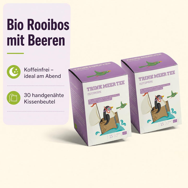 Trink Meer Tee Flitzpiepe, Premium Rooibos Tee, 2x15 Kissenbeutel | Koffeinfreier Premium Früchtetee mit Holunder und Johannisbeere – vegan, glutenfrei, laktosefrei, für jeden Moment