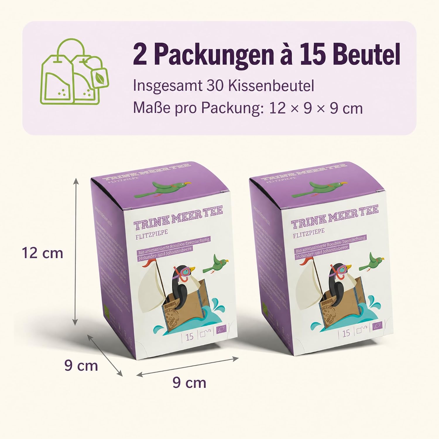 Trink Meer Tee Flitzpiepe, Premium Rooibos Tee, 2x15 Kissenbeutel | Koffeinfreier Premium Früchtetee mit Holunder und Johannisbeere – vegan, glutenfrei, laktosefrei, für jeden Moment