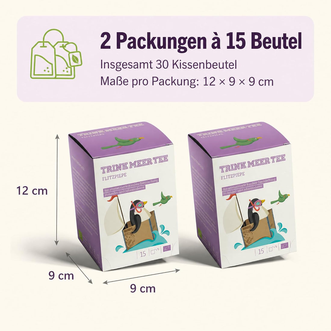 Trink Meer Tee Flitzpiepe, Premium Rooibos Tee, 2x15 Kissenbeutel | Koffeinfreier Premium Früchtetee mit Holunder und Johannisbeere – vegan, glutenfrei, laktosefrei, für jeden Moment
