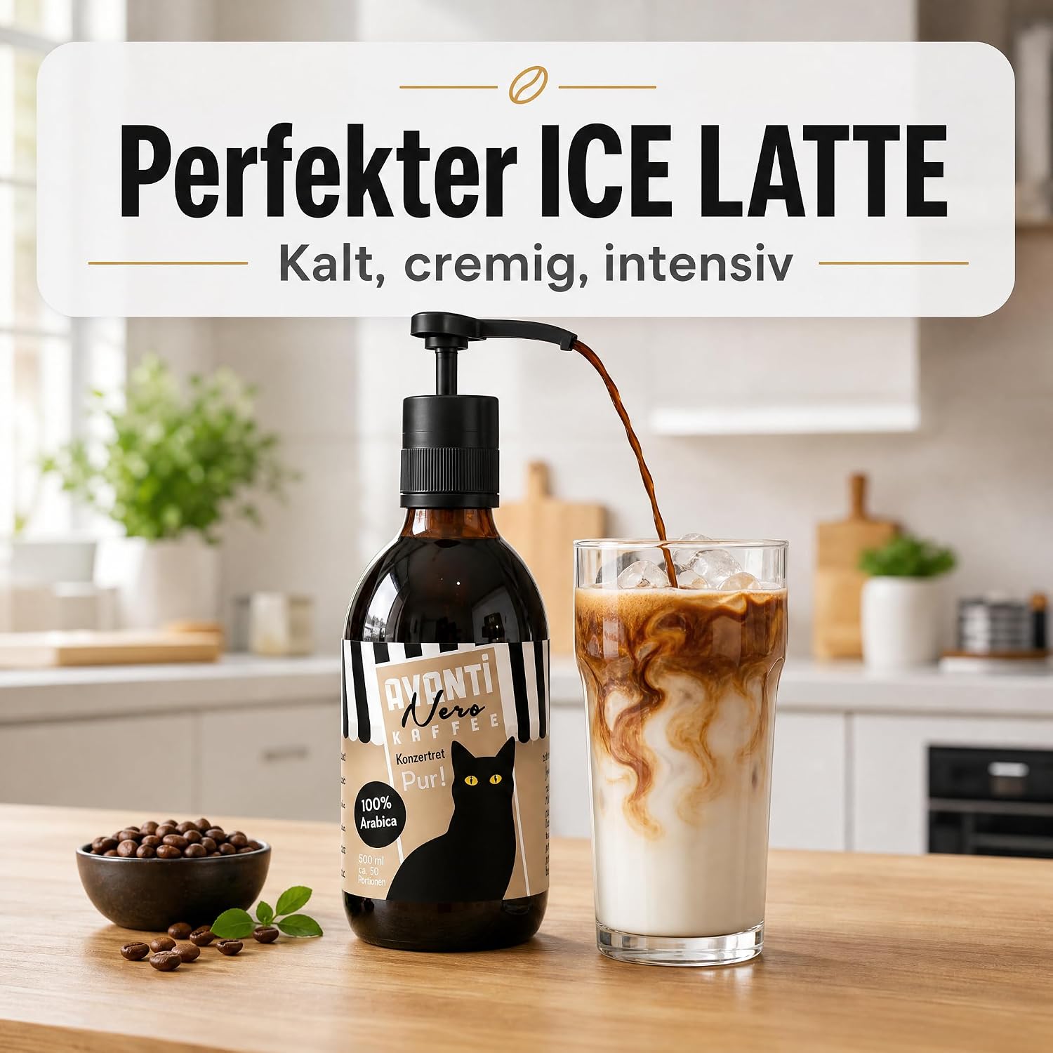 AVANTI Nero Kaffeekonzentrat Pur, 100% Arabica, 500 ml, ca. 50 Portionen | Flüssiges Kaffeekonzentrat für Eiskaffee, Cold Brew, Latte & mehr – präzise dosiert mit Pumpspender