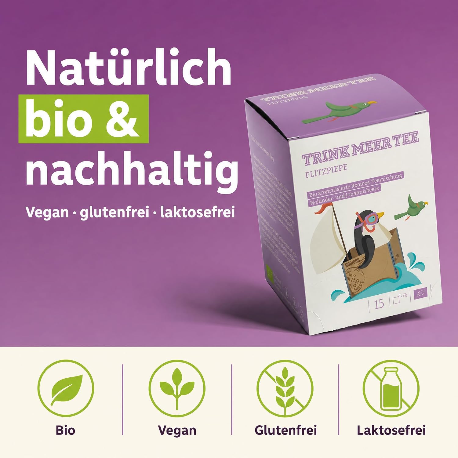 6 x Trink Meer Tee Flitzpiepe, Premium Rooibos Tee, 6x15 Kissenbeutel | Koffeinfreier Premium Früchtetee mit Holunder und Johannisbeere – vegan, glutenfrei, laktosefrei, für jeden Moment