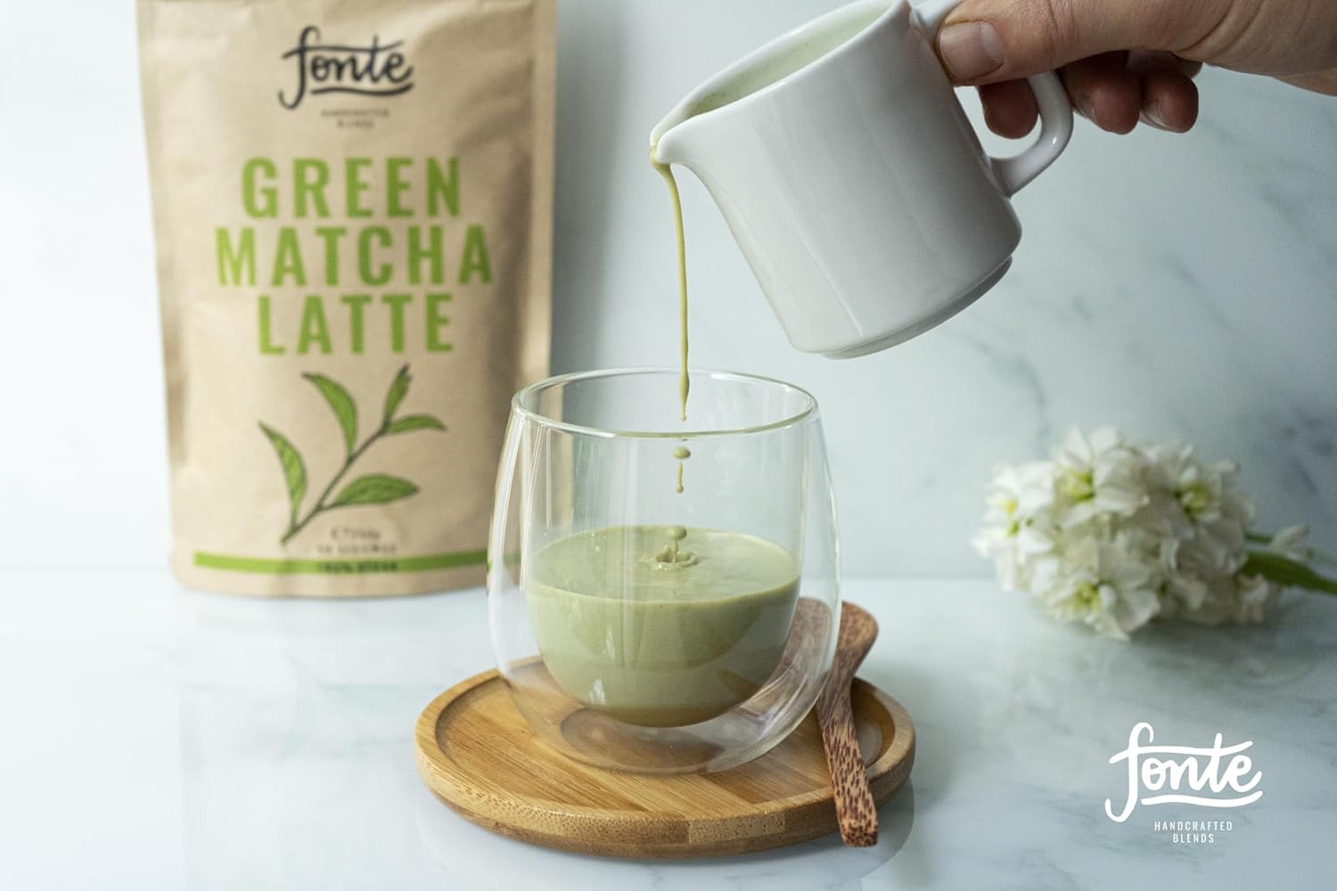 Fonte Green Matcha Latte, Handcrafted Vegan Tee Pulver, 250g Beutel, 50 Portionen, 100% Natürlich