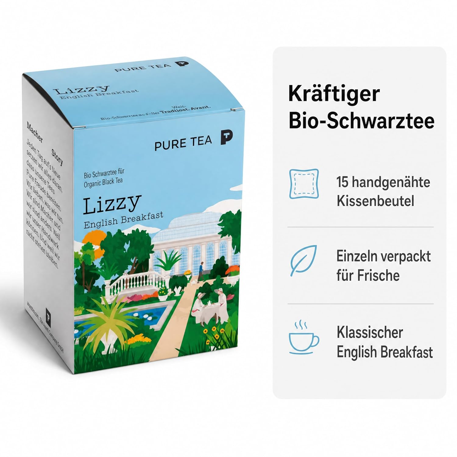 Pure Tea Lizzy English Breakfast Schwarztee, 15 handgenähte Kissenbeutel à 3g, Organisch, Dispenserbox 12 x 9 x 9 cm = 15 Portionen