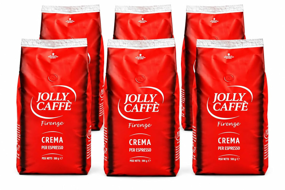 Jolly Caffè Crema Espresso Bohnen, 6 x 1 kg, Premium Arabica-Mischung aus Zentralamerika + Zugabe Fächer