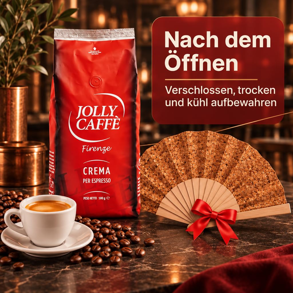 Jolly Caffè Crema Espresso Bohnen, 6 x 1 kg, Premium Arabica-Mischung aus Zentralamerika + Zugabe Fächer