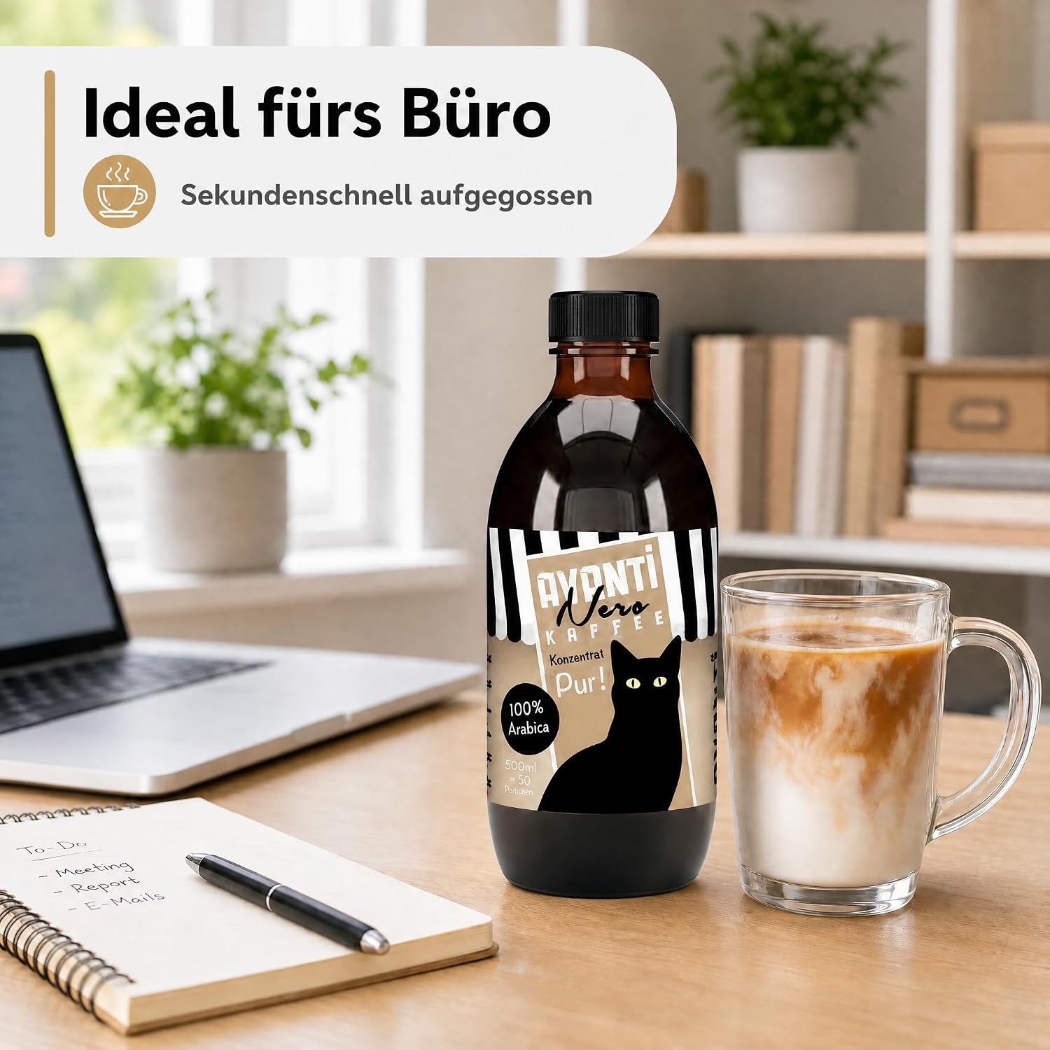 AVANTI Nero Kaffeekonzentrat Pur, 100% Arabica, 500 ml, ca. 50 Portionen | Flüssiges Kaffeekonzentrat für Eiskaffee, Cold Brew, Latte & mehr – präzise dosiert mit Pumpspender