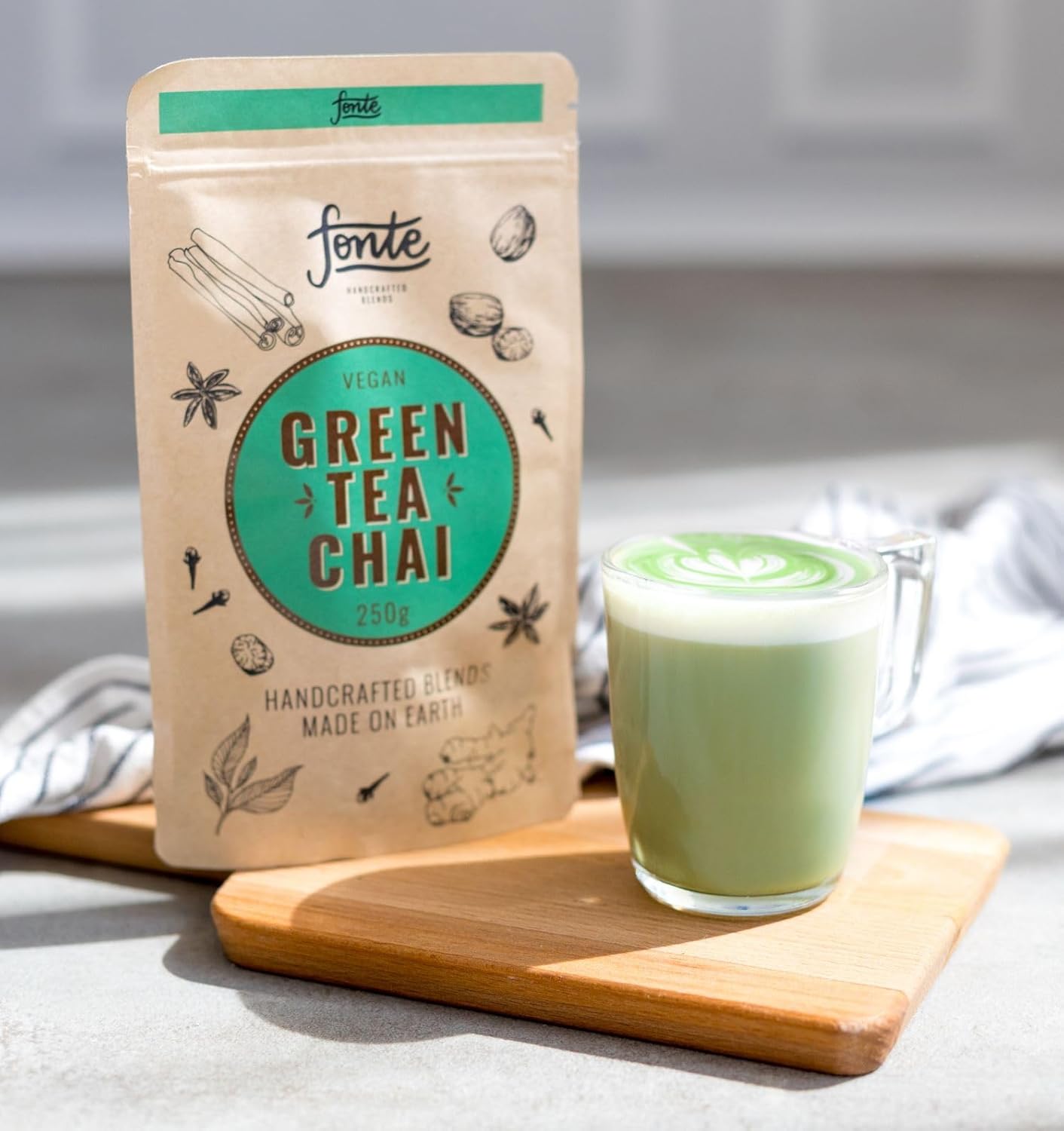 Fonte Vegan Green Tea Chai, Handgefertigte Mischung, 250g Pulver, 12 Portionen, Mit Antioxidantien