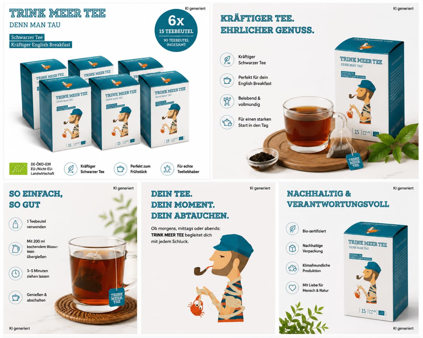6 x Trink Meer Tee Denn Man Tau, Schwarzer Tee English Breakfast, 90 Teebeutel, Kräftiger Schwarztee im handgenähten Kissenbeutel