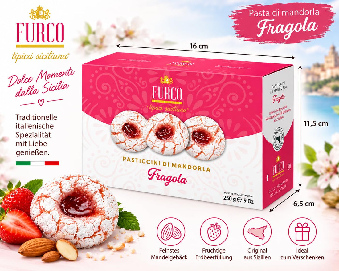 Furco Mandelgebäck Pasticcini di Mandorla FRAGOLA, Italienische Kekse mit Erdbeere, Sizilianisches Gebäck in Geschenkbox, Hergestellt in Italien, 250 g