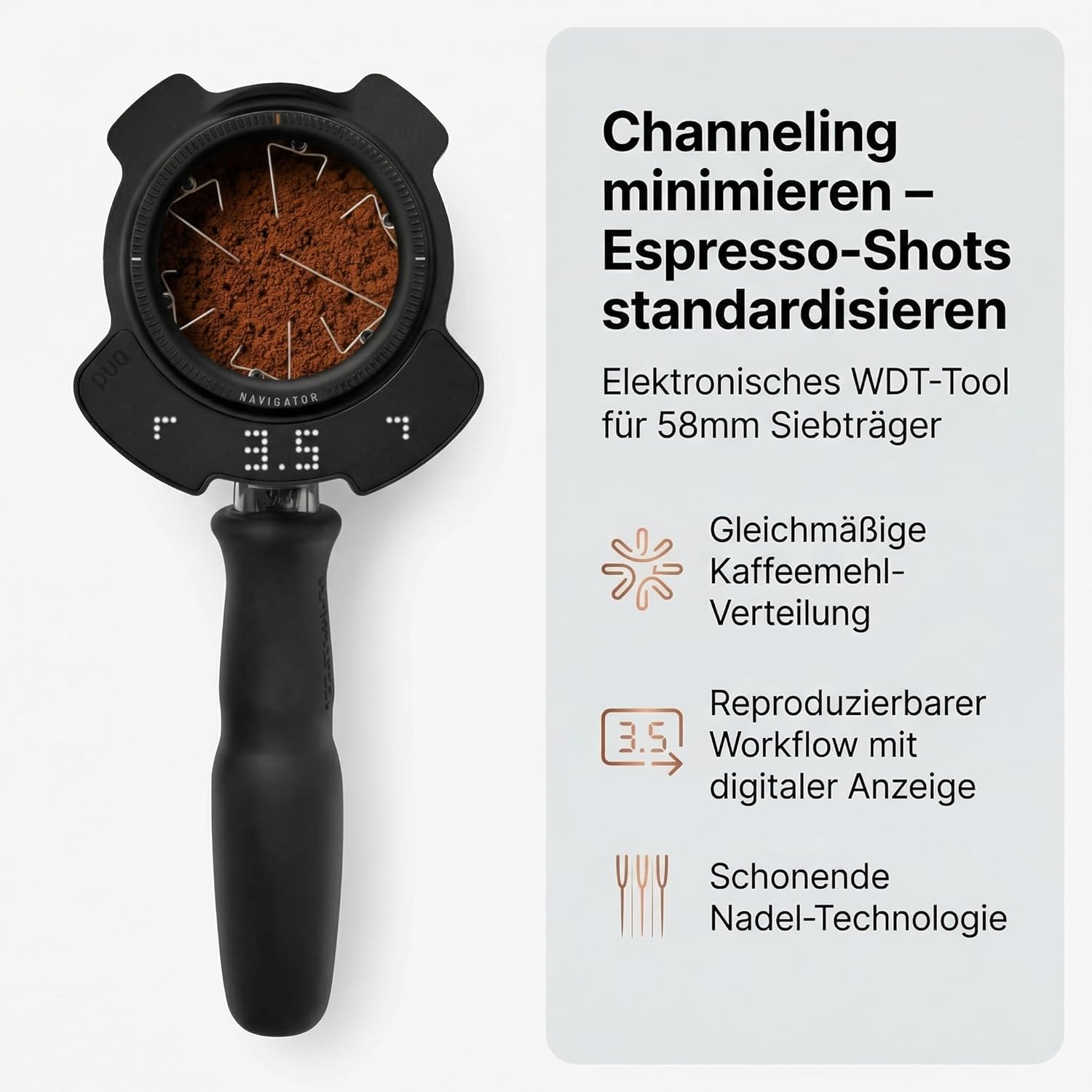 Avanti PUQ Navigator Elektronisches WDT-Tool für Espresso, 58mm Siebträger, automatisierte Weiss Distribution Technique, digitale LED-Anzeige, Schwarz