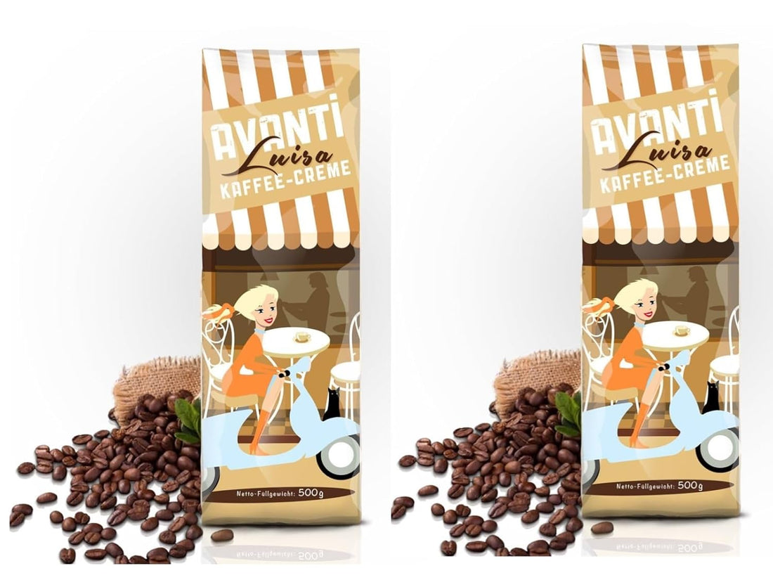AVANTI Luisa Kaffee-Creme, 2 x 500g (1 Kg), 90% Arabica-10% Robusta, säurearm & mild, traditionelle Trommelröstung, ganze Bohnen Medium Roast, Schweizer Rösthandwerk