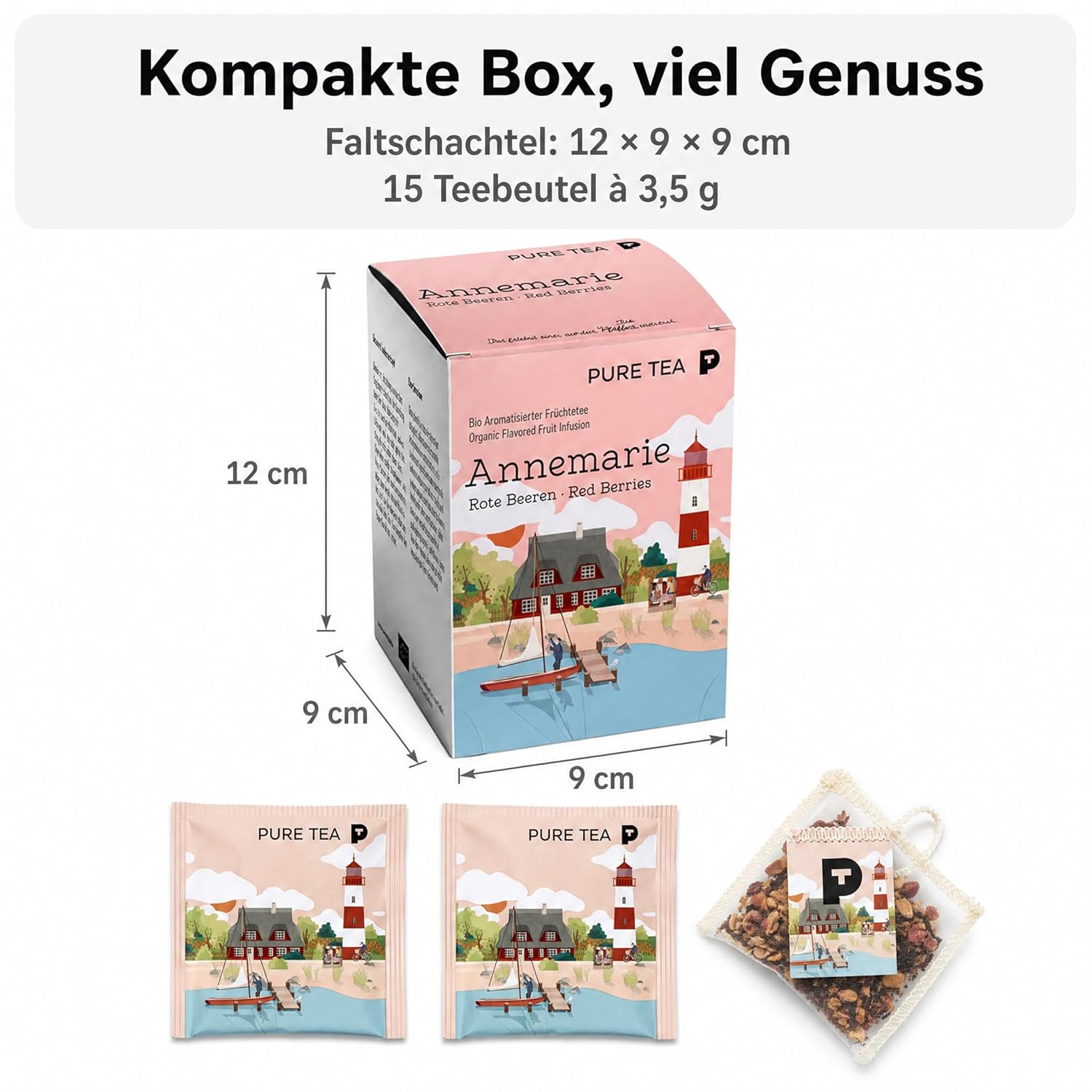6 x Pure Tea Früchtetee Annemarie Beeren & Vanille, 15 Teebeutel à 3,5 g, aromatisierter Premium-Früchtetee, koffeinfrei & glutenfrei, Dispenserbox