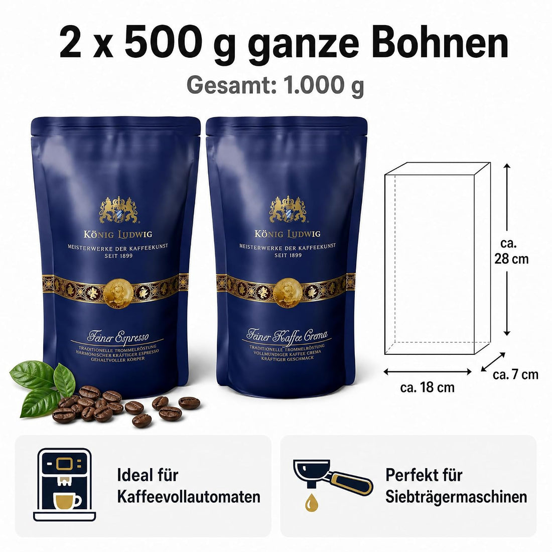 König Ludwig Kaffeebohnen Set, Espresso & Kaffee Crema, 2 x 500 g