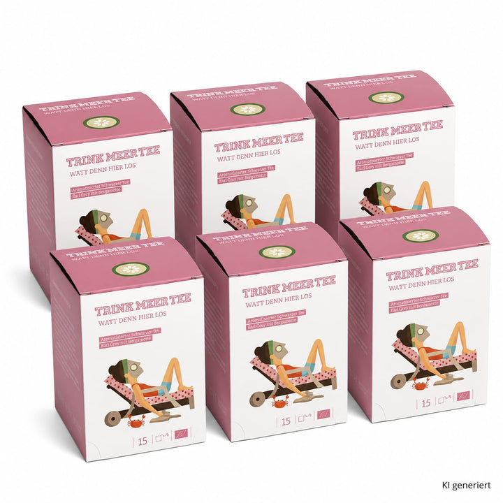 6 Gebinde Trink Meer Tee WATT DENN HIER LOS Earl Grey mit Bergamotte, Schwarzer Tee, 90 Kissenbeutel, Vegan, Glutenfrei, Laktosefrei, Größe pro Packung: 12 x 9 x 9 cm
