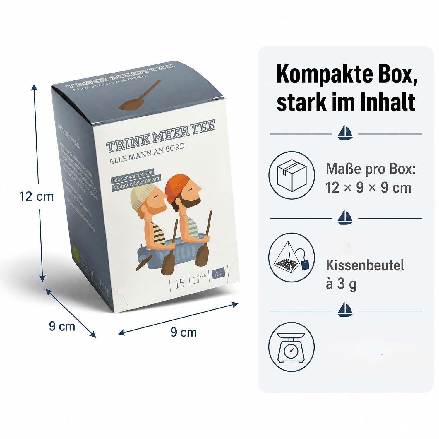 6 x Trink Meer Tee Premium Schwarzer Tee, Alle Mann an Bord, Assam Tee hocharomatisch malzig-feinwürzig, 6er Pack mit 90 handgenähten Kissenbeuteln à 3 g, 270 g, maritimes Geschenk