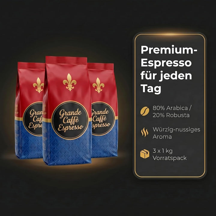 Grande Caffè Kaffeebohnen Espresso, ganze Bohnen 80% Arabica 20% Robusta, würzig-nussiges Aroma, traditionelle Trommelröstung, 3 x 1 kg Vorrat, Herkunft Honduras Brasilien Indien