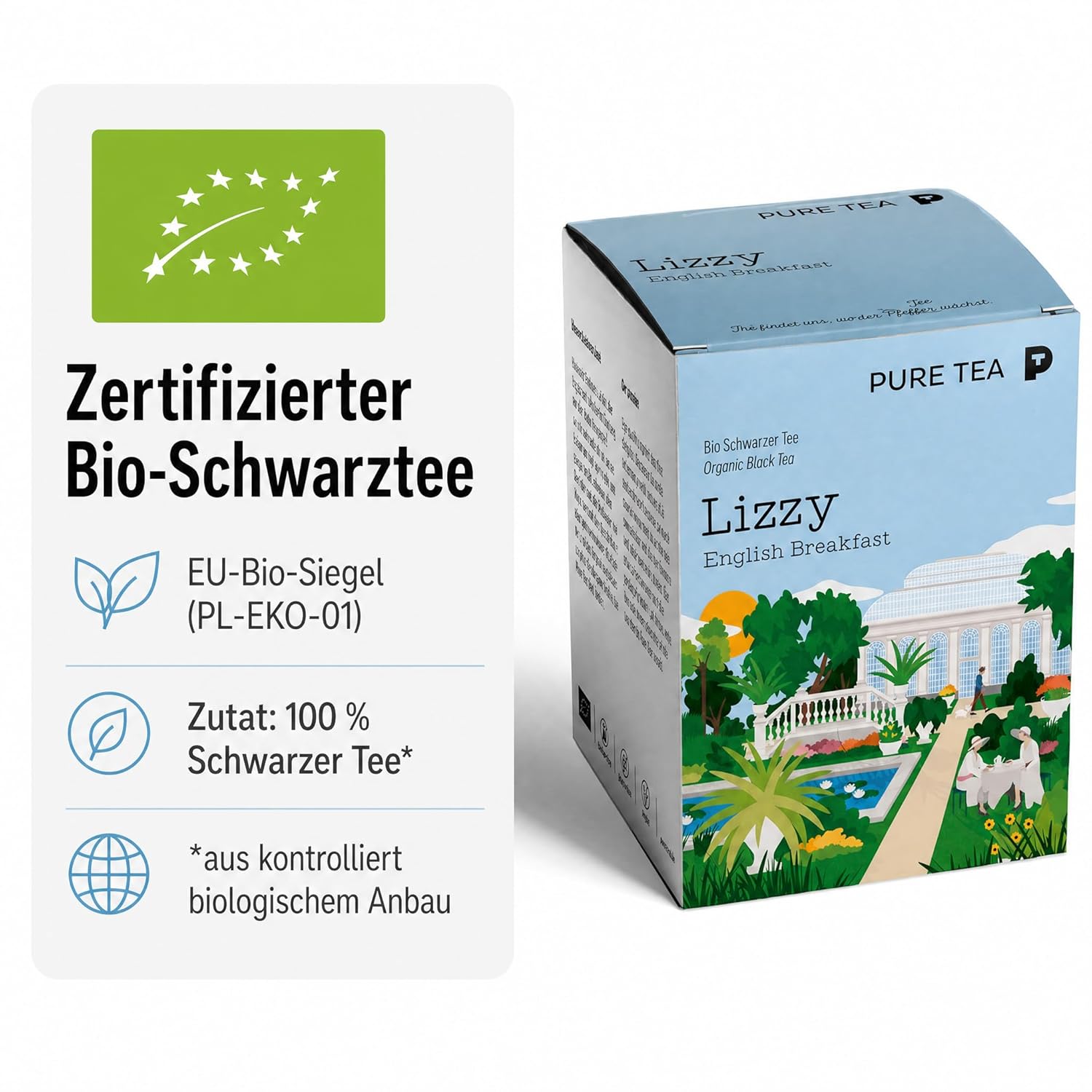 Pure Tea Lizzy English Breakfast Schwarztee, 15 handgenähte Kissenbeutel à 3g, Organisch, Dispenserbox 12 x 9 x 9 cm = 15 Portionen