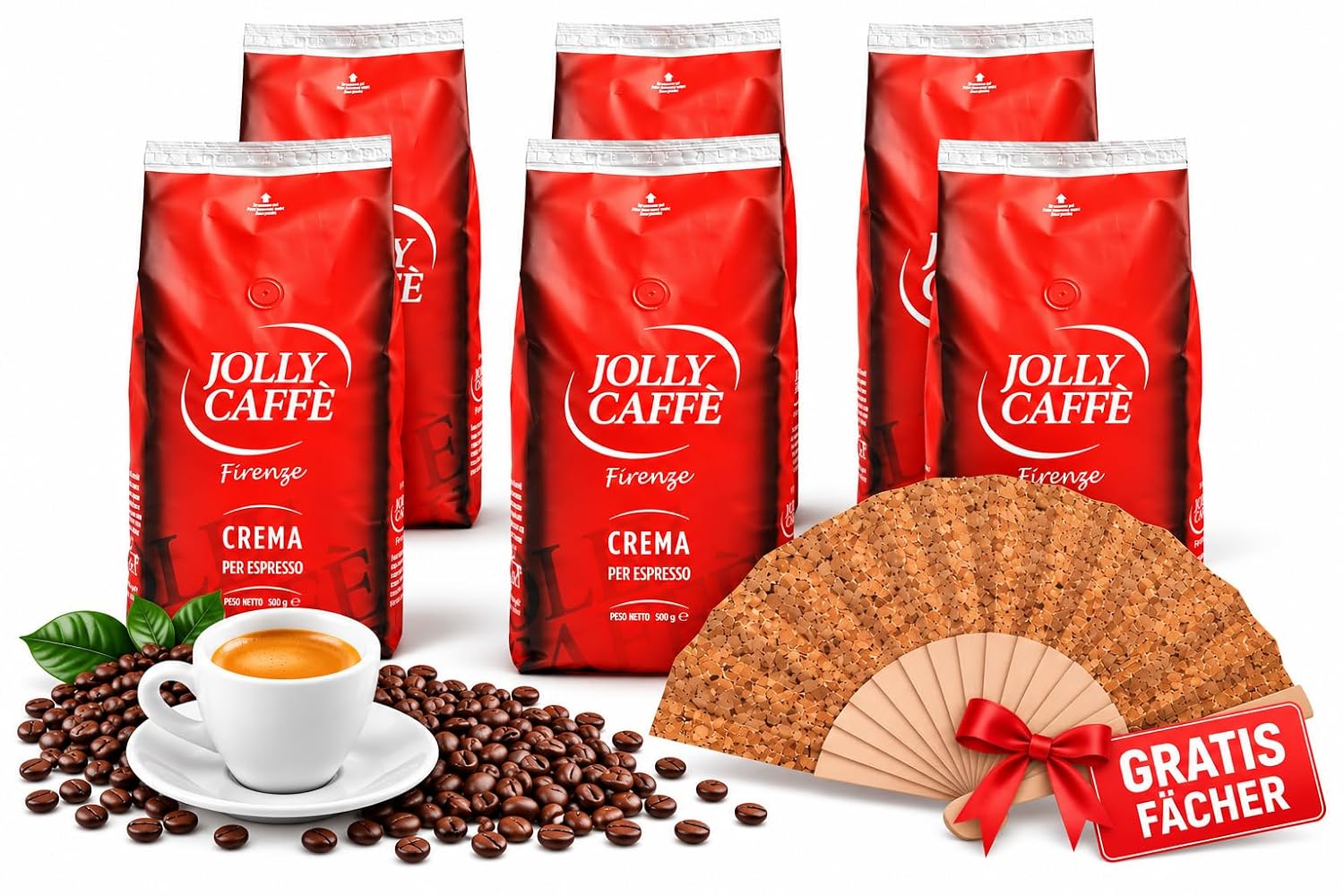 Jolly Caffè Crema Espresso Bohnen, 6 x 1 kg, Premium Arabica-Mischung aus Zentralamerika + Zugabe Fächer