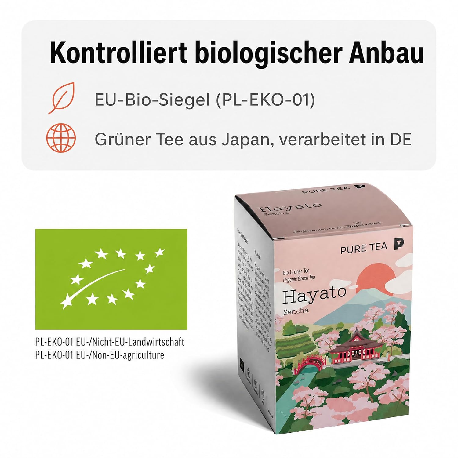 6 x Pure Tea Grüner Tee Sencha Hayato, japanischer Grüntee im Kissenbeutel, 15 Beutel à 3 g, Premiumqualität, Dispenserbox, frisch-duftiges Aroma
