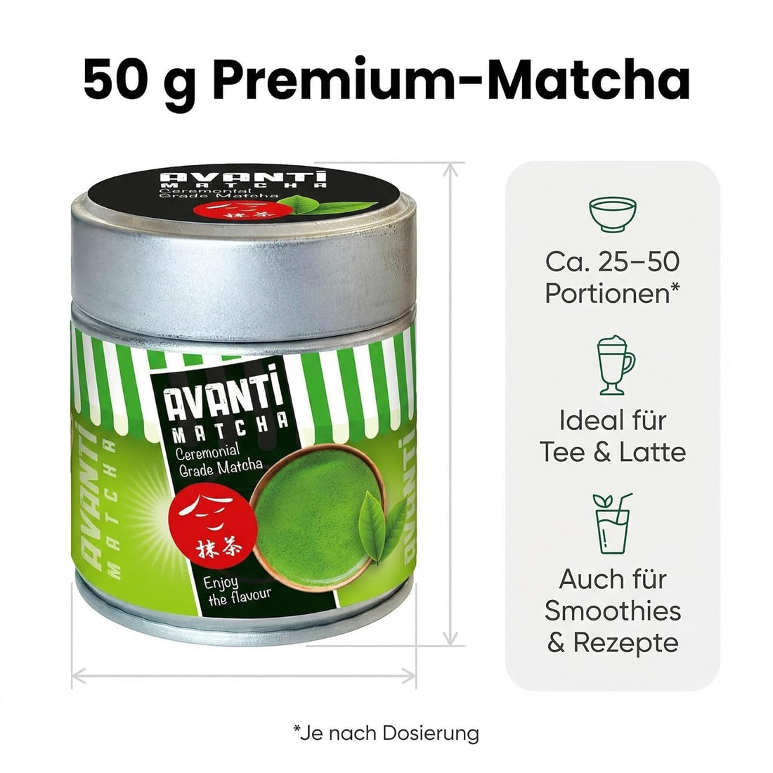 Avanti Matcha Tee Pulver (Ceremonial Grade), Erste Ernte Ichibancha, reines Premium Matcha Pulver ohne Zusätze, unabhängig laborgeprüft, 50 g in lichtschützender, wiederverschließbarer Metalldose