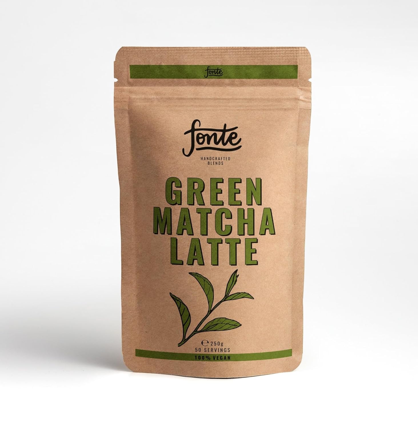 Fonte Green Matcha Latte, Handcrafted Vegan Tee Pulver, 250g Beutel, 50 Portionen, 100% Natürlich