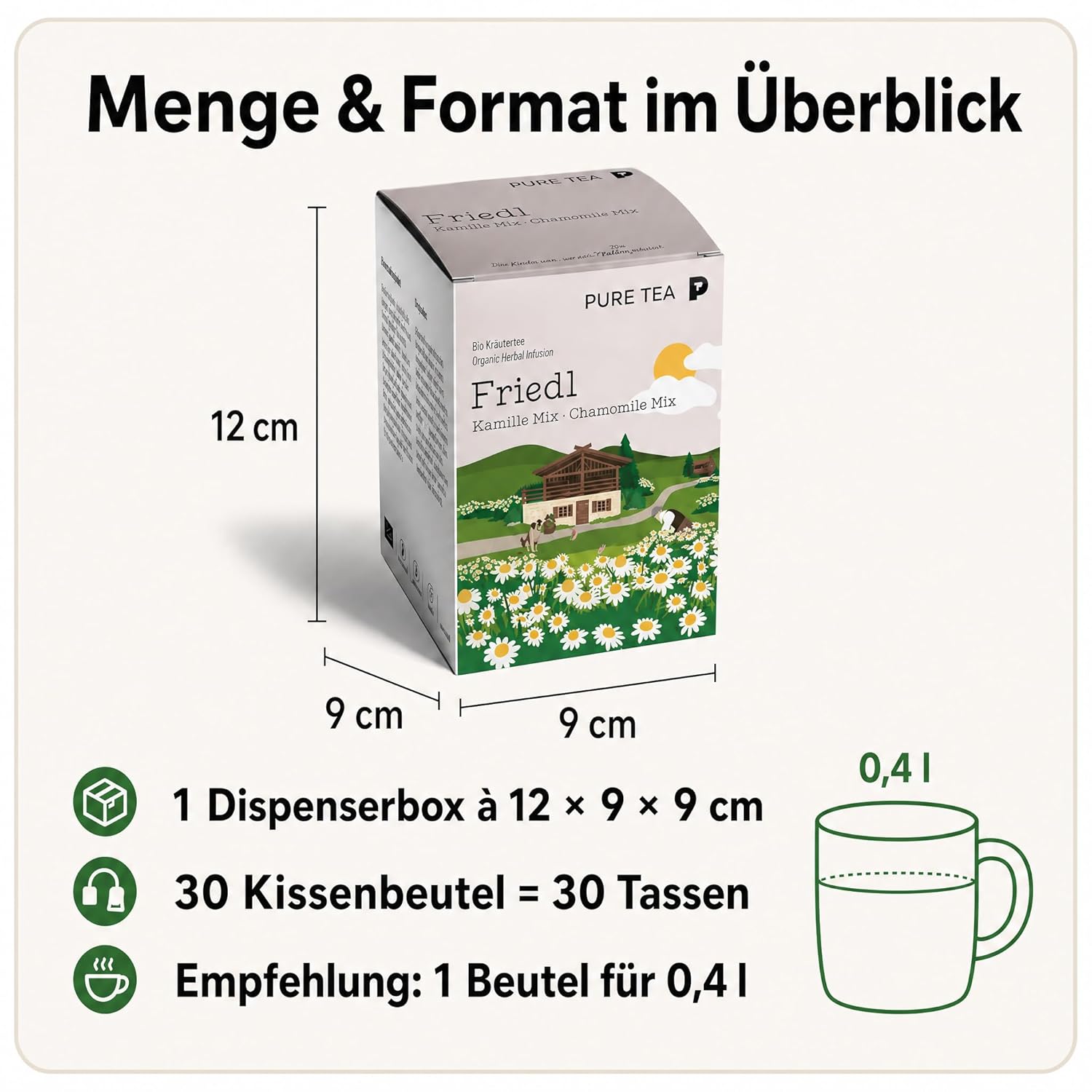 PURE TEA Kamillentee Friedl Kamille Mix, Kräutertee mit 50% Kamillenblüten, Apfelstücken & Zitronenverbene, koffeinfrei und glutenfrei, Kissenbeutel in Dispenserbox