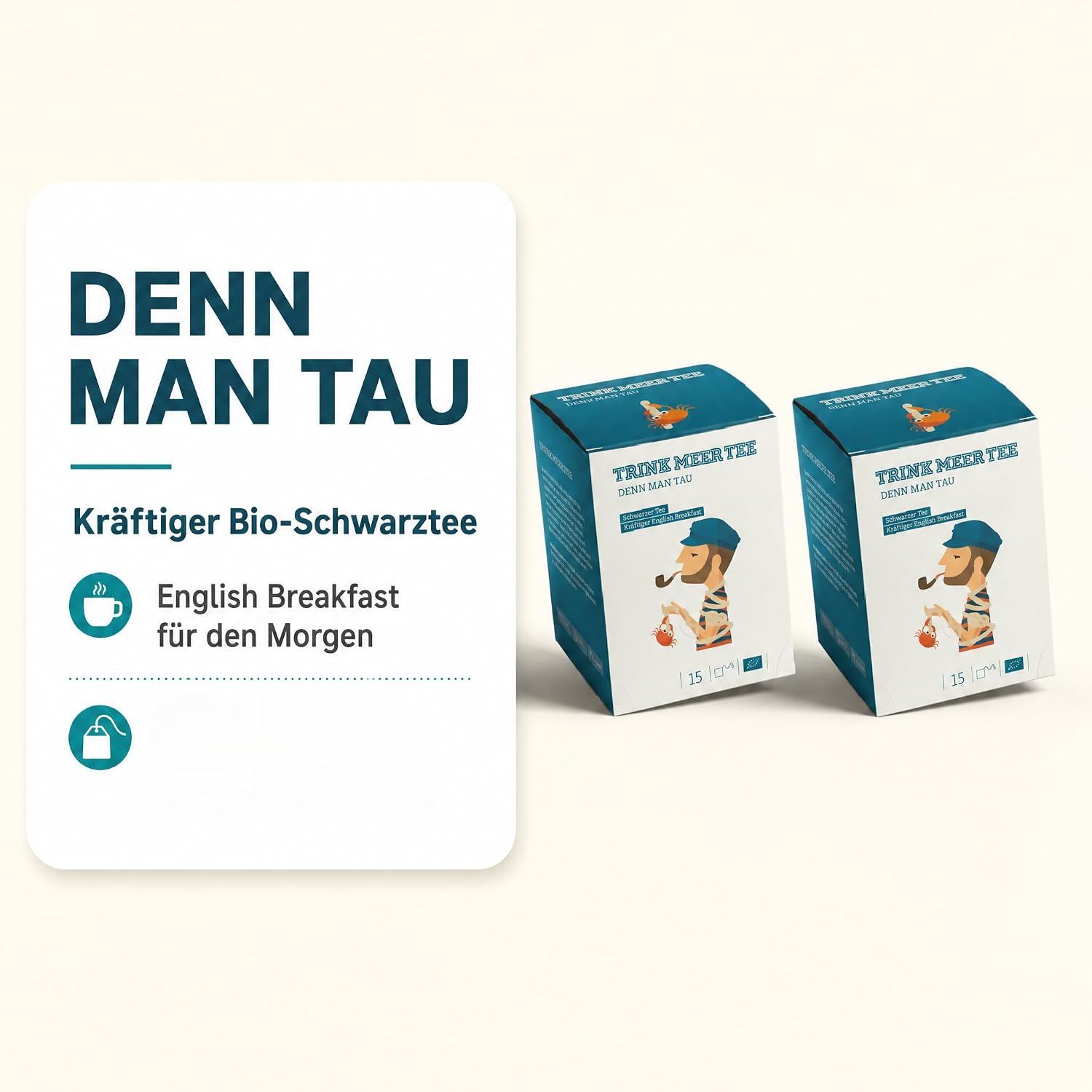 6 x Trink Meer Tee Denn Man Tau, Schwarzer Tee English Breakfast, 90 Teebeutel, Kräftiger Schwarztee im handgenähten Kissenbeutel