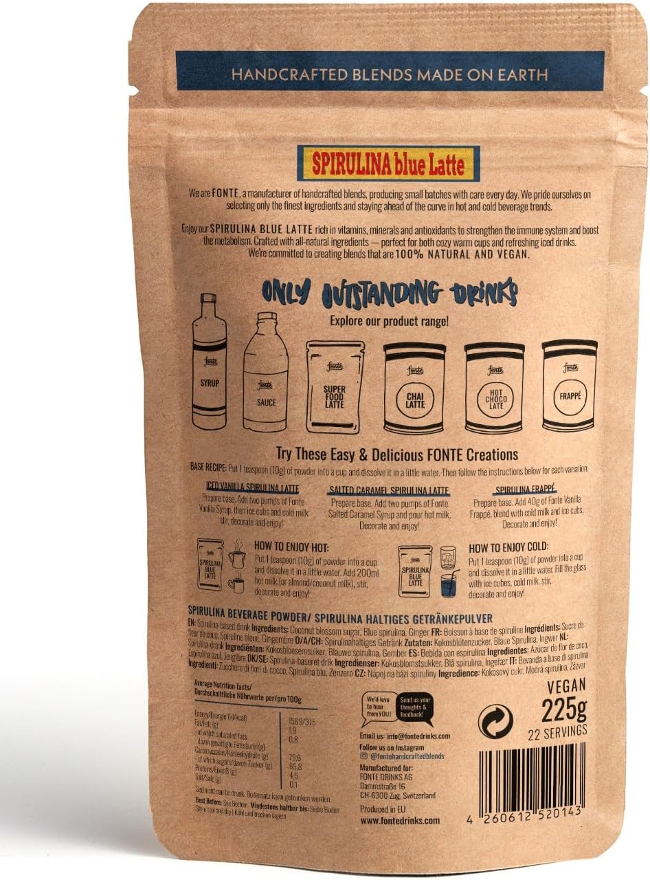 FONTE Spirulina Blue Latte, veganes Superfood Getränkepulver, 225g, 22 Portionen, handgefertigte Mischung, natürlich blau, für warme und kalte Getränke