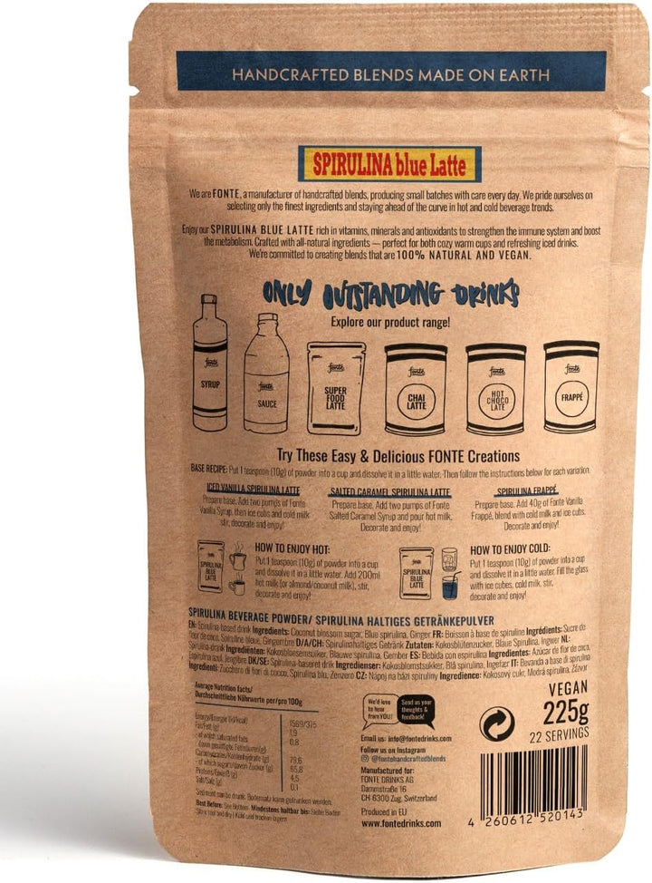 FONTE Spirulina Blue Latte, veganes Superfood Getränkepulver, 225g, 22 Portionen, handgefertigte Mischung, natürlich blau, für warme und kalte Getränke