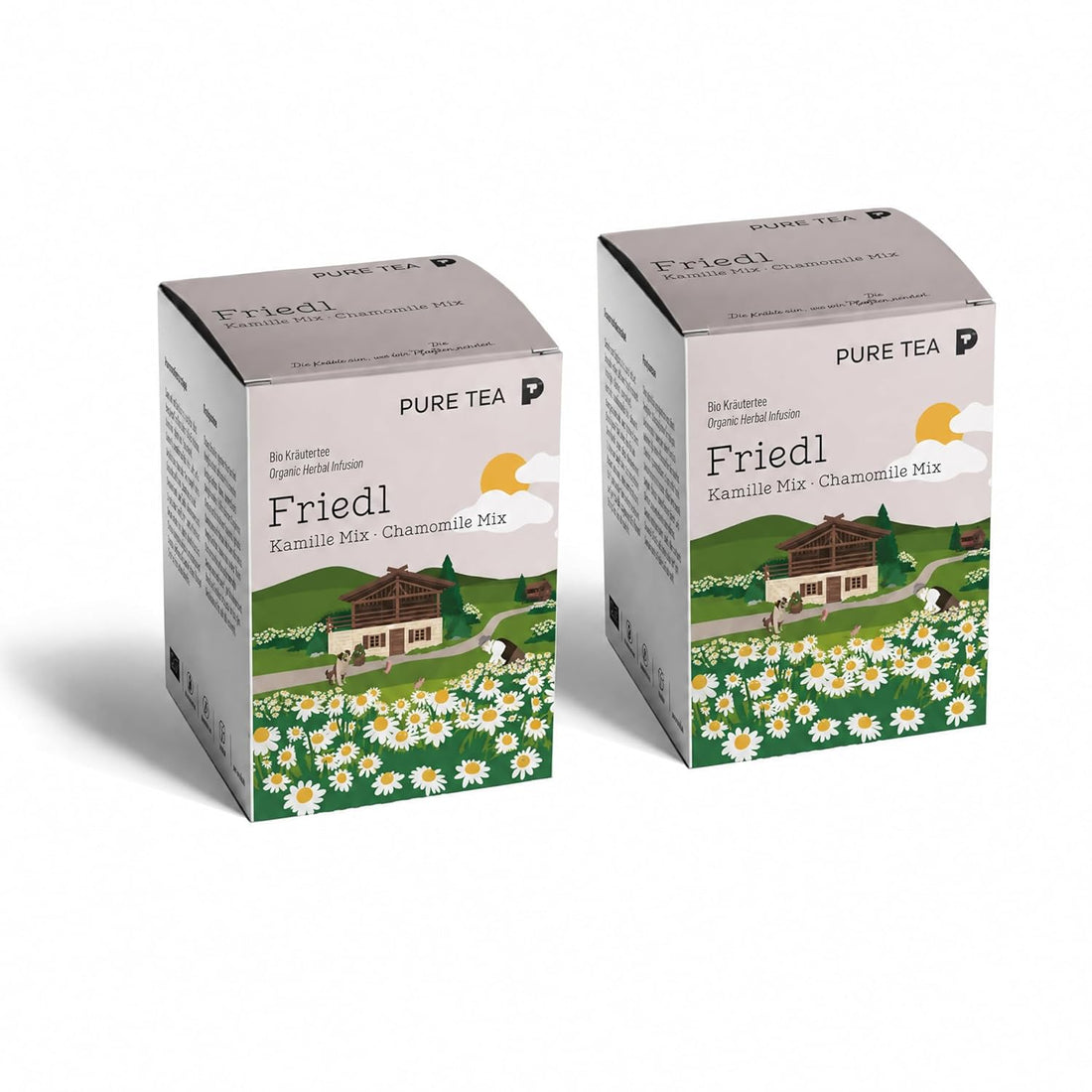 PURE TEA Kamillentee Friedl Kamille Mix, Kräutertee mit 50% Kamillenblüten, Apfelstücken & Zitronenverbene, koffeinfrei und glutenfrei, Kissenbeutel in Dispenserbox