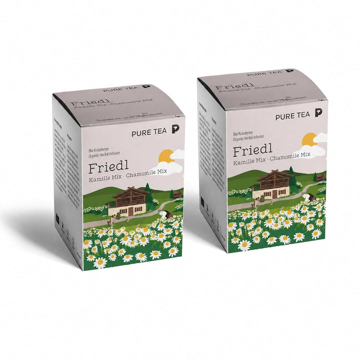 PURE TEA Kamillentee Friedl Kamille Mix, Kräutertee mit 50% Kamillenblüten, Apfelstücken & Zitronenverbene, koffeinfrei und glutenfrei, Kissenbeutel in Dispenserbox