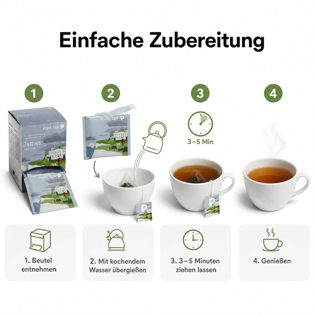 6 x Pure Tea James Earl Grey Teebeutel, Premium-Schwarztee mit Bergamotte, aromatisierter schwarzer Tee im Kissenbeutel, einzeln verpackt in eleganter Dispenserbox, britischer Afternoon-Tea-Genuss