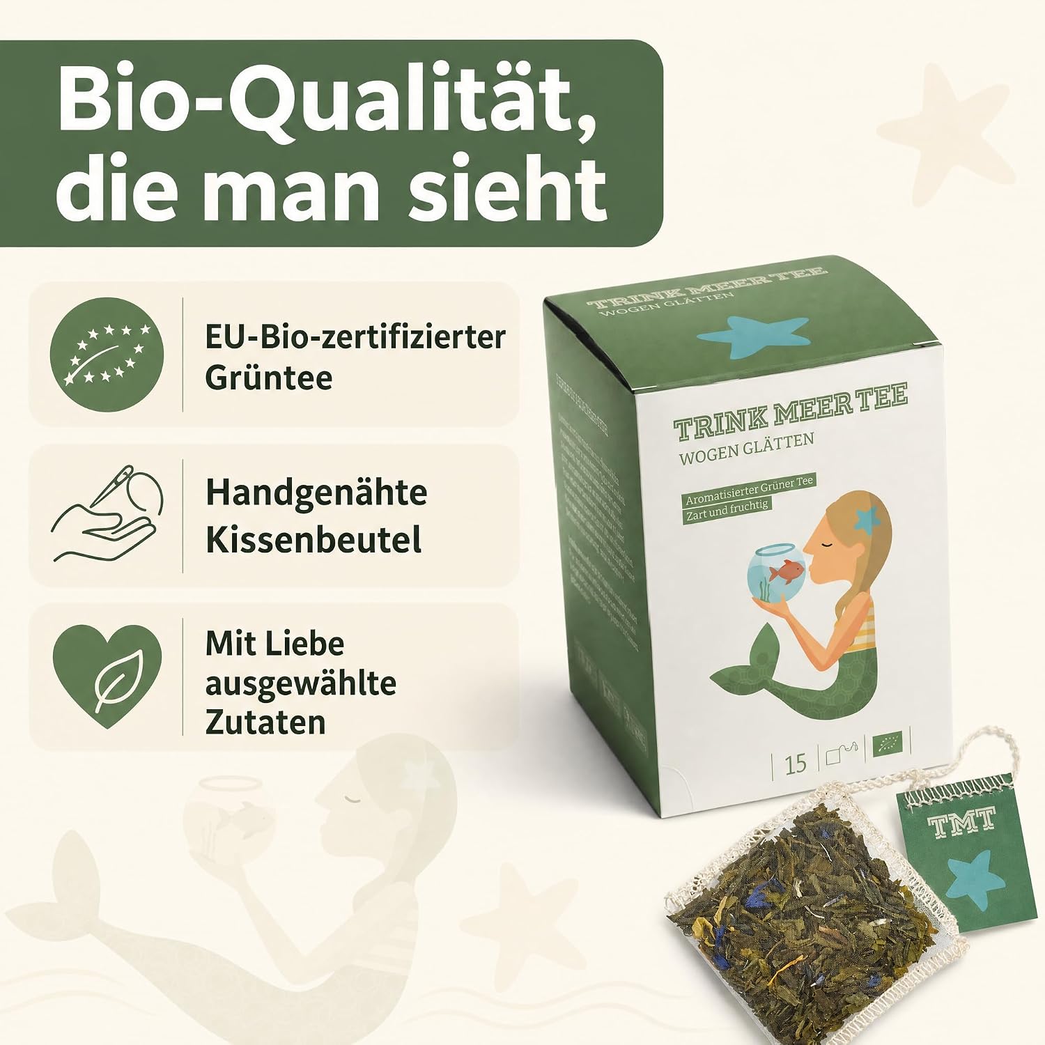 6 x Trink Meer Tee Wogen Glätten, Premium Grüner Sencha, Mango Pfirsich | Handgenähte Kissenbeutel mit aromatisiertem Sencha – ein entspannender Genussmoment als Tee-Geschenkset mit maritimem Design
