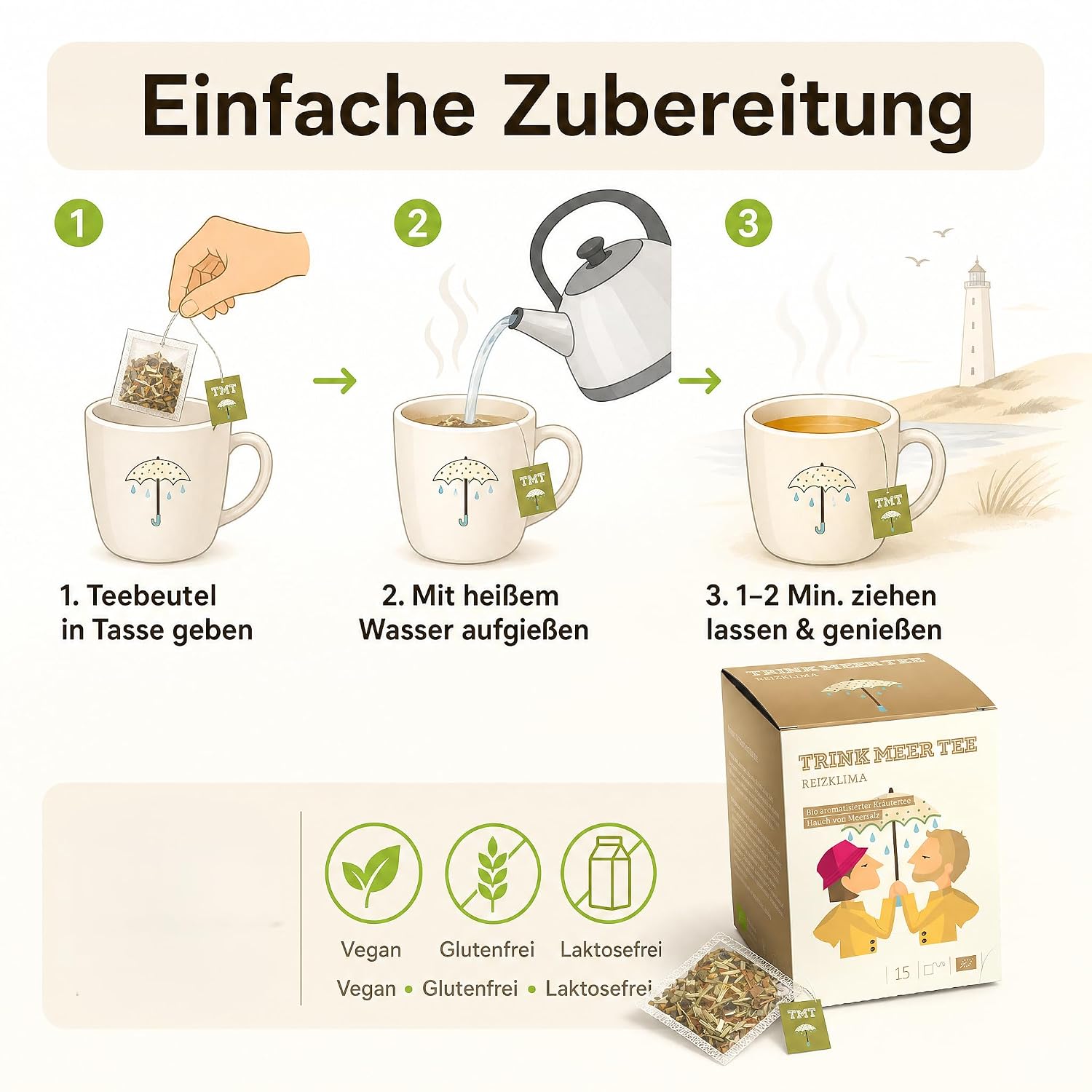 6 x TRINK MEER TEE REIZKLIMA Premium Kräutertee, mit Meersalz und Ingwer, vegan, glutenfrei, laktosefrei, handgenähte Kissenteebeutel, maritimes Design