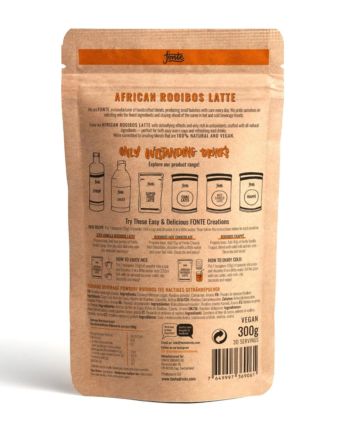 Fonte African Rooibos Latte, Handgefertigte Vegane Getränkemischung, 300g Pulver, 30 Portionen, Natürliche Zutaten, Koffeinfrei, Mit Antioxidantien