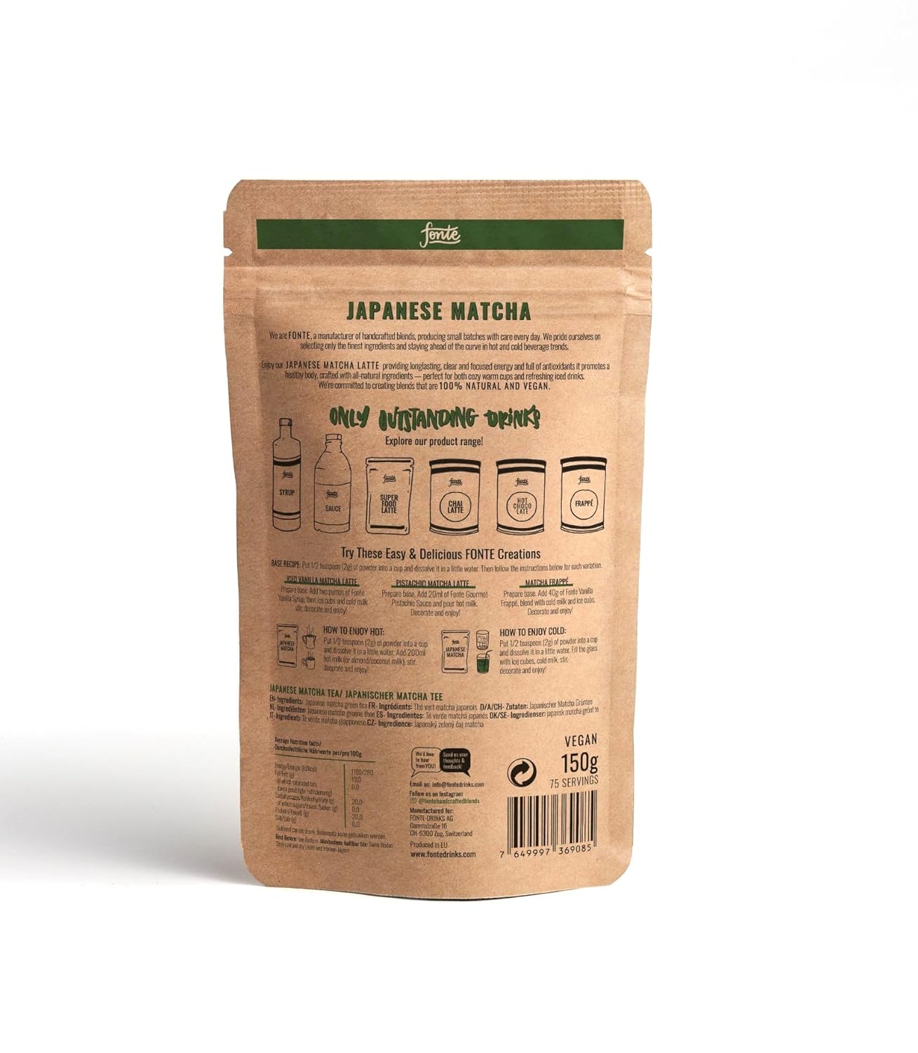 Fonte Japanischer Matcha Tee, 100% Vegan, Zuckerfrei, 150g Pulver für 75 Portionen, Handgefertigte Premium Qualität