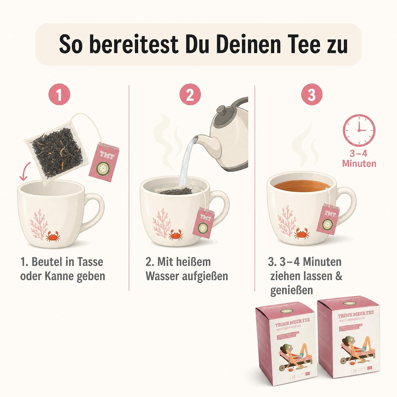 6 Gebinde Trink Meer Tee WATT DENN HIER LOS Earl Grey mit Bergamotte, Schwarzer Tee, 90 Kissenbeutel, Vegan, Glutenfrei, Laktosefrei, Größe pro Packung: 12 x 9 x 9 cm