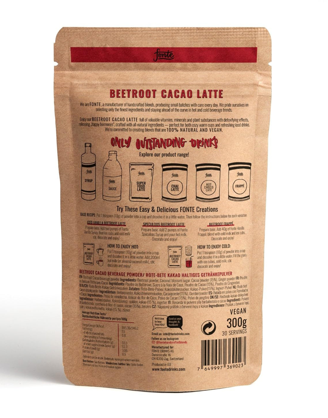 Fonte Handcrafted Blends Beetroot Cacao Latte, Veganes Getränkepulver mit Roter Bete und Kakao, 300g, 30 Portionen