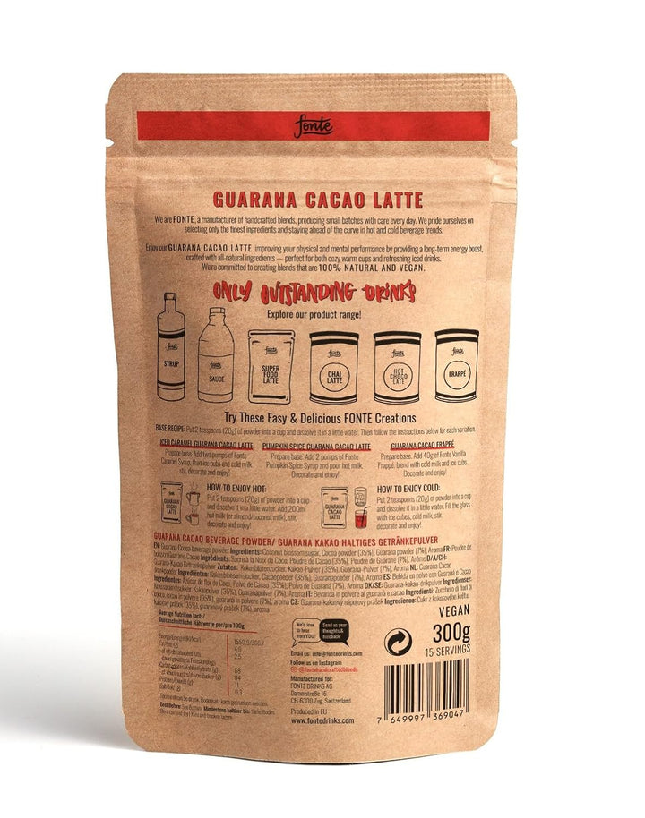 Fonte Guarana Cacao Latte, Veganes Getränkepulver, 300g Beutel, 15 Portionen, Handgefertigte Mischung mit Kakao und Guarana für Energie und Wohlbefinden