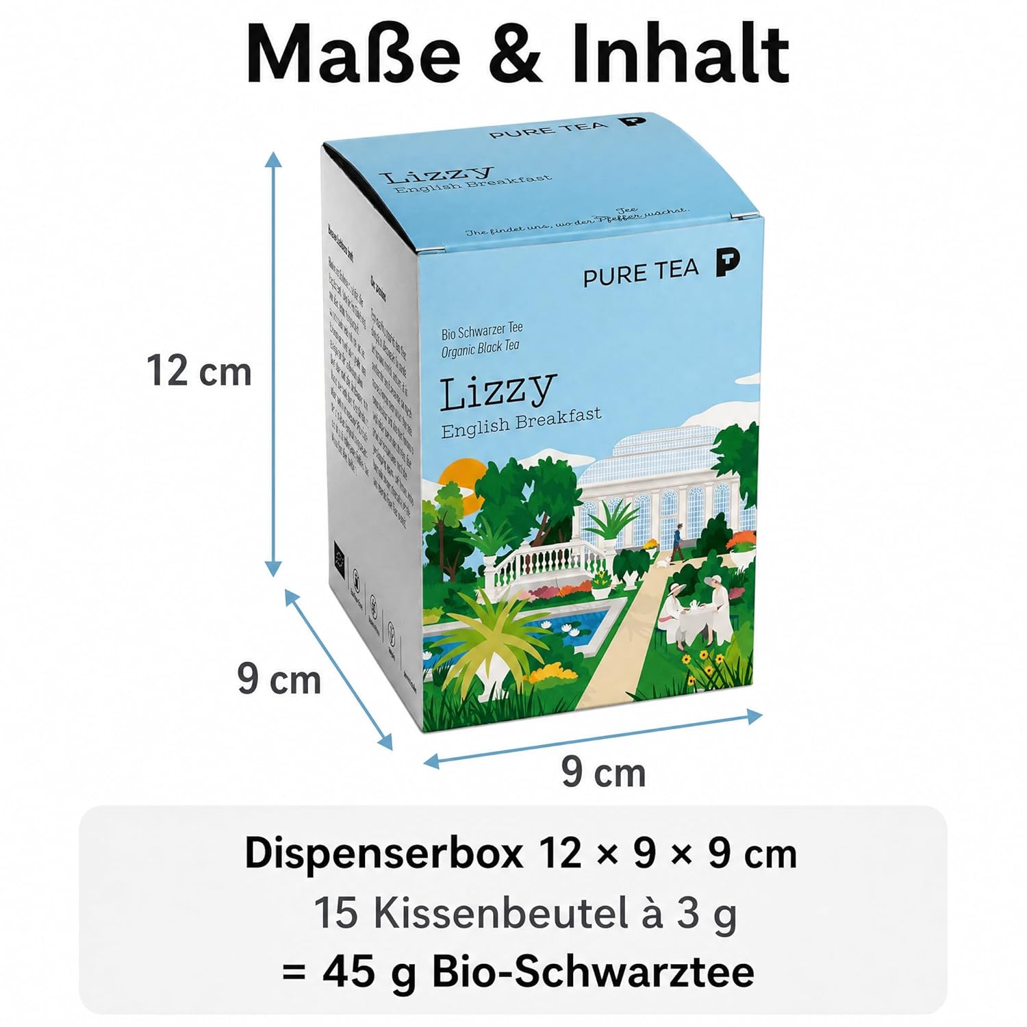 Pure Tea Lizzy English Breakfast Schwarztee, 15 handgenähte Kissenbeutel à 3g, Organisch, Dispenserbox 12 x 9 x 9 cm = 15 Portionen