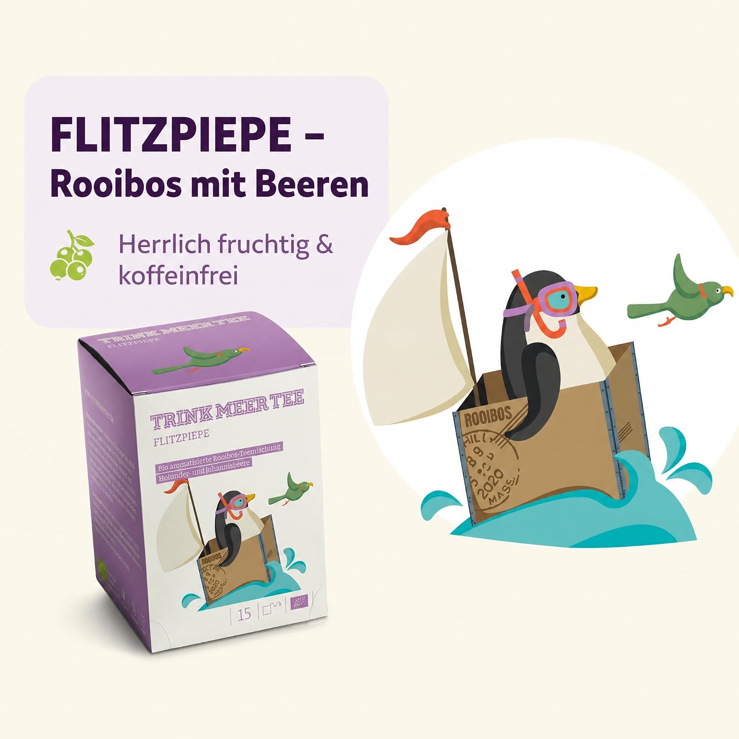 Trink Meer Tee Flitzpiepe, Premium Rooibos Tee, 2x15 Kissenbeutel | Koffeinfreier Premium Früchtetee mit Holunder und Johannisbeere – vegan, glutenfrei, laktosefrei, für jeden Moment